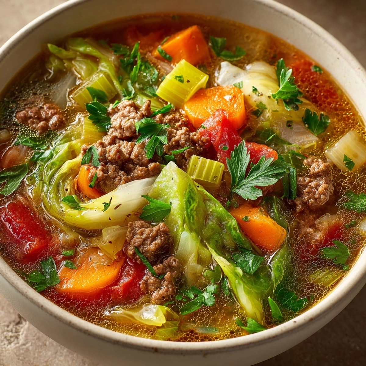 A steaming bowl of Ground Beef and Cabbage Soup with vibrant vegetables and tender beef.