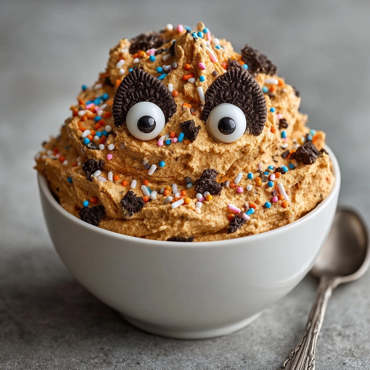 Homemade Fluffy Pumpkin Spice “Monster” Dip, ready for dipping graham crackers and sliced apples.