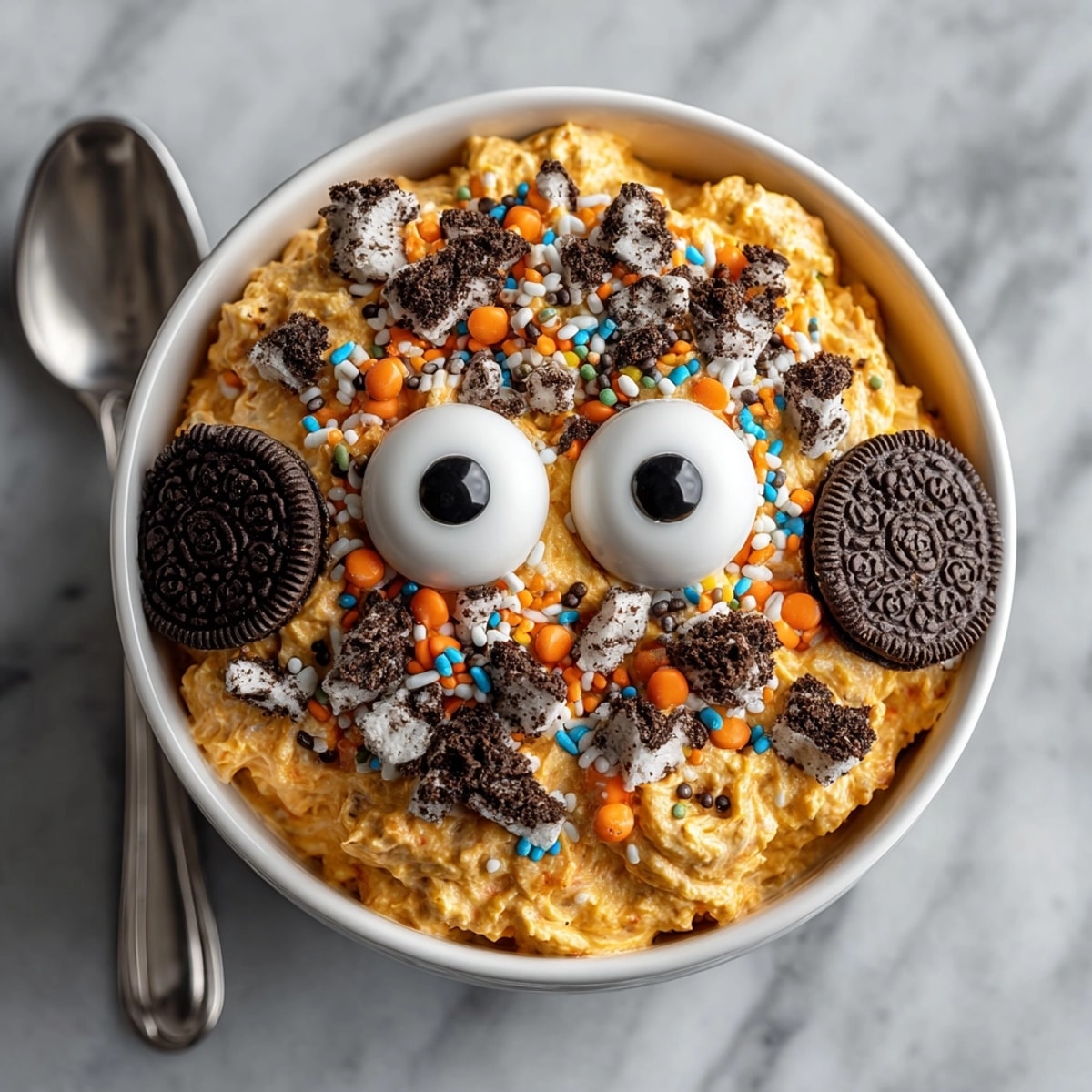 Whipping up easy, delicious Fluffy Pumpkin Spice “Monster” Dip for a fall dessert treat.