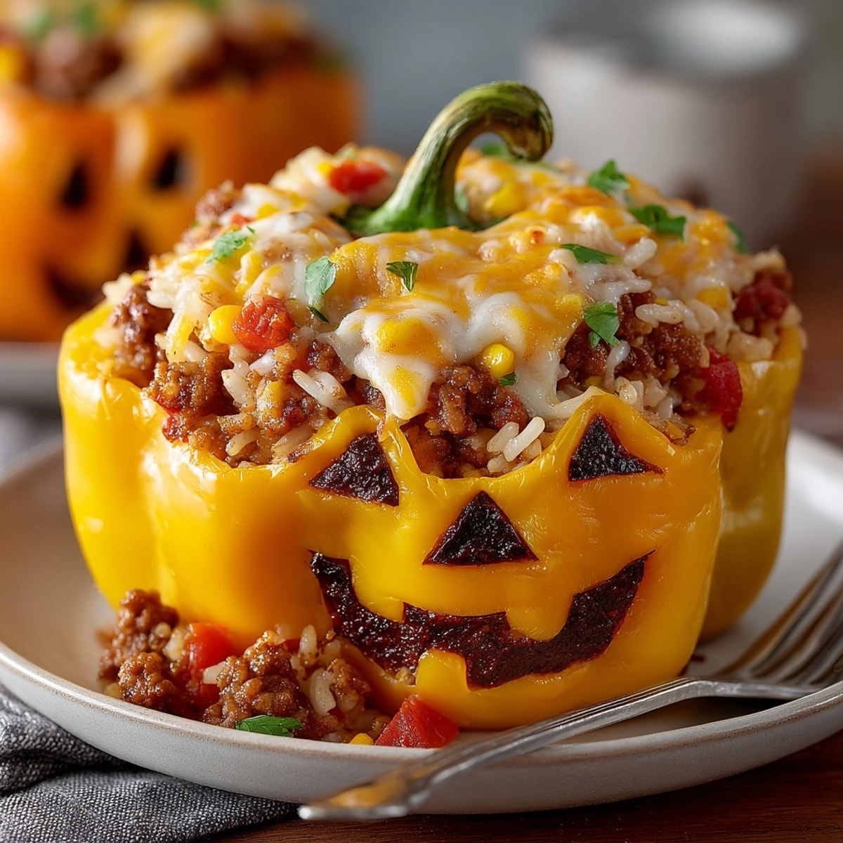 Warm, cheesy Jack-o'-Lantern Stuffed Bell Peppers, filled with flavorful ground meat and rice.