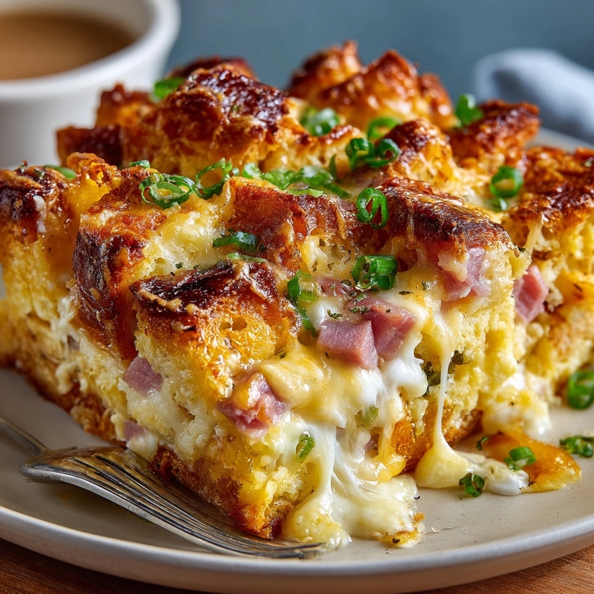 Close-up of a slice of Ham & Cheese Croissant Breakfast Casserole, steam rising, ready to eat.