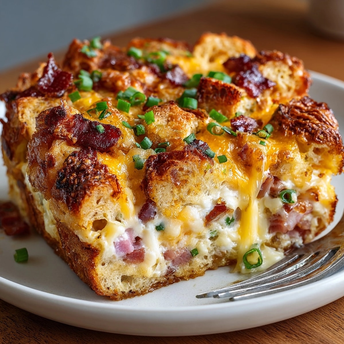 Baked Ham & Cheese Croissant Breakfast Casserole in a dish, sprinkled with green onions.