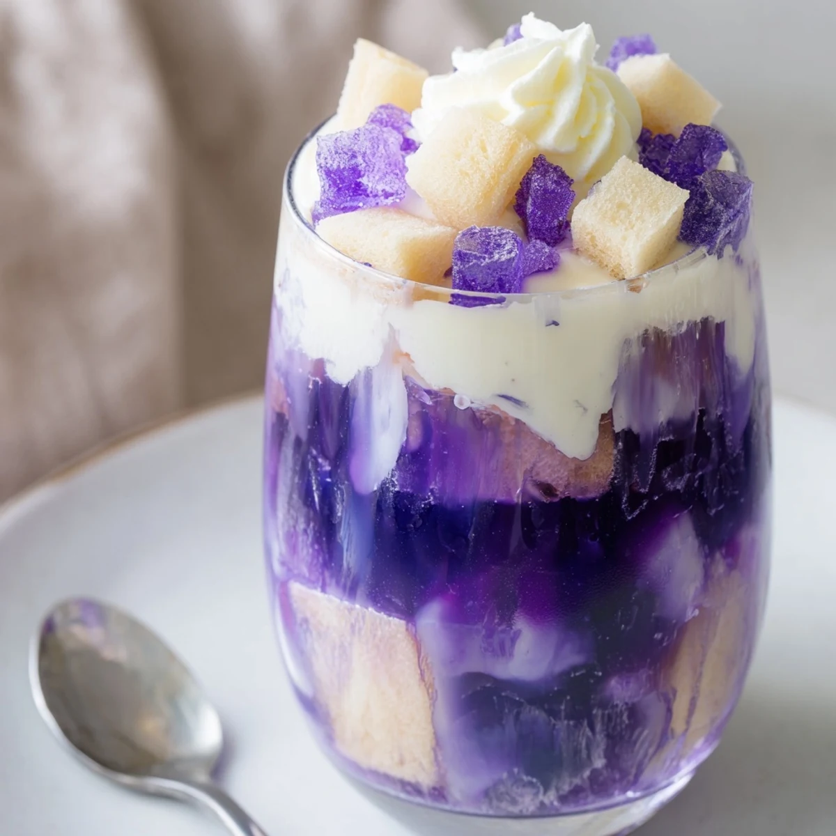 Vibrant Ube Milk Jelly Trifles layered with creamy ube and soft sponge cake.