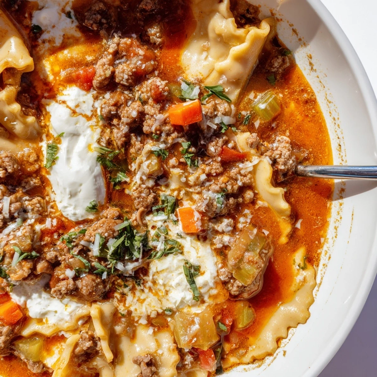 Hearty gluten-free lasagne soup topped with truffle oil and fresh parsley.