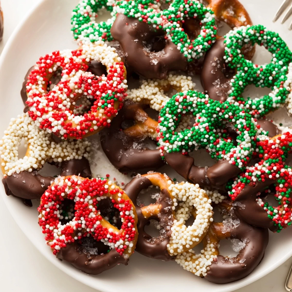 Delicious Festive Pretzel Christmas Cookies, adorned with colorful sprinkles for holiday cheer.  