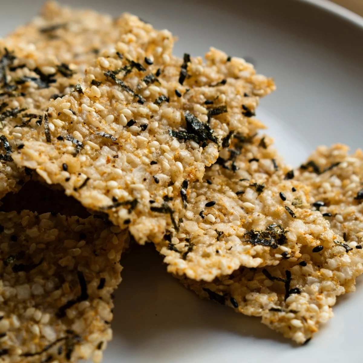 Golden rice crackers infused with toasted sesame and nori, perfect for snacking.  