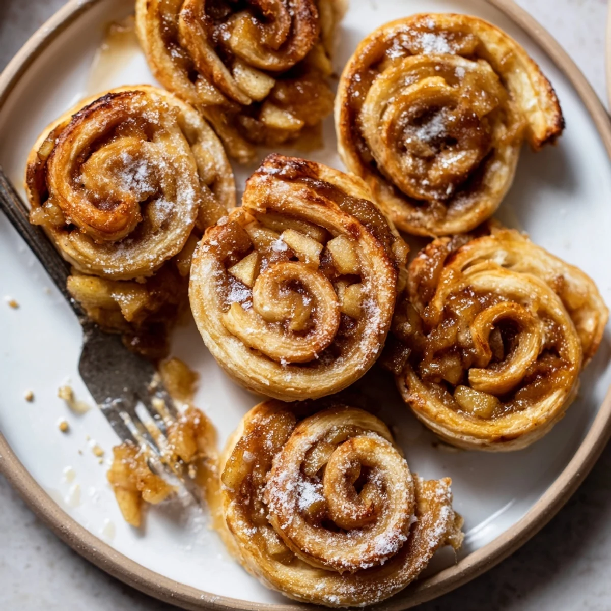 Flaky Caramel Apple Puff Pastry Pinwheels topped with drizzle of warm caramel sauce.  