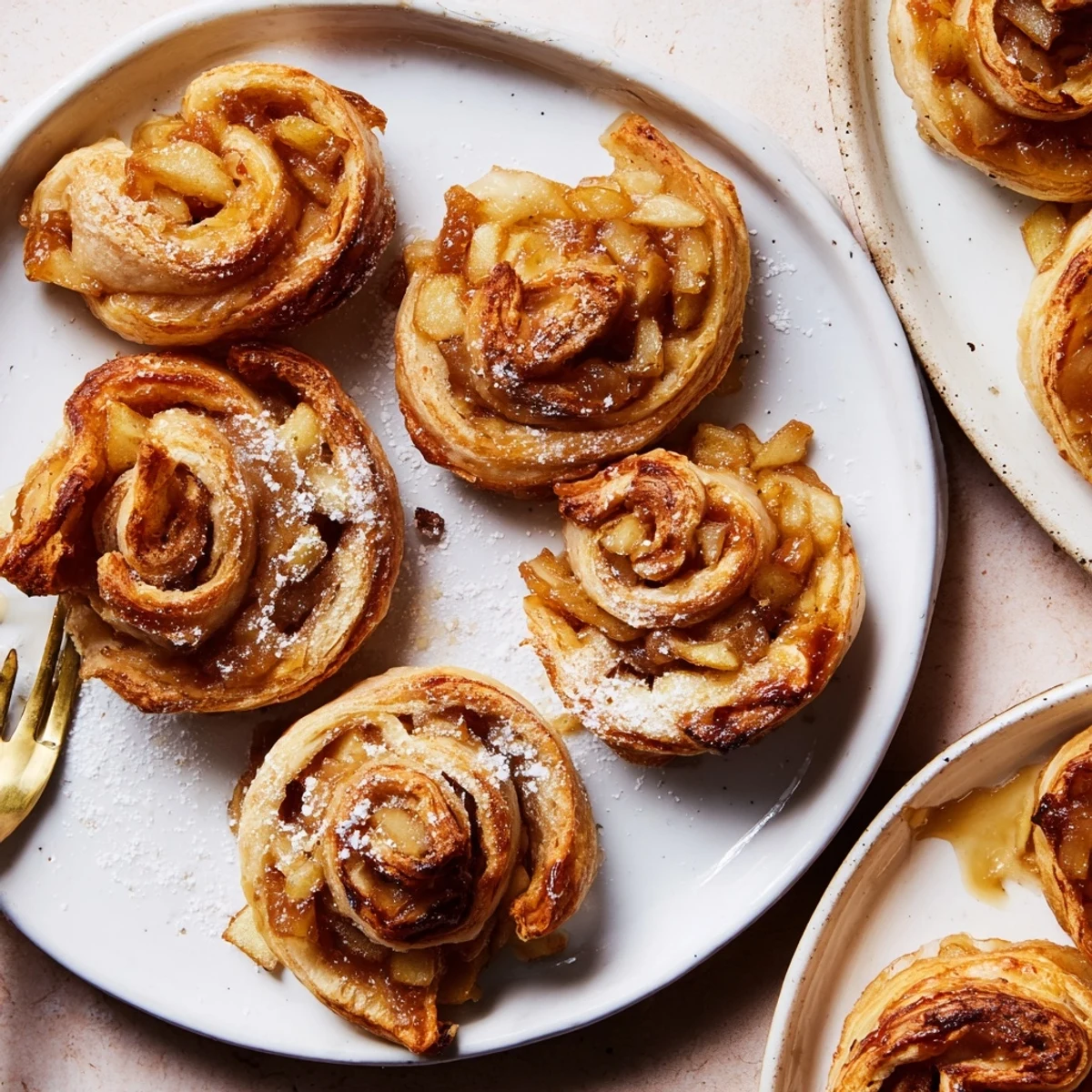 Warm cinnamon apple filling in Caramel Apple Puff Pastry Pinwheels, perfect for dessert!  