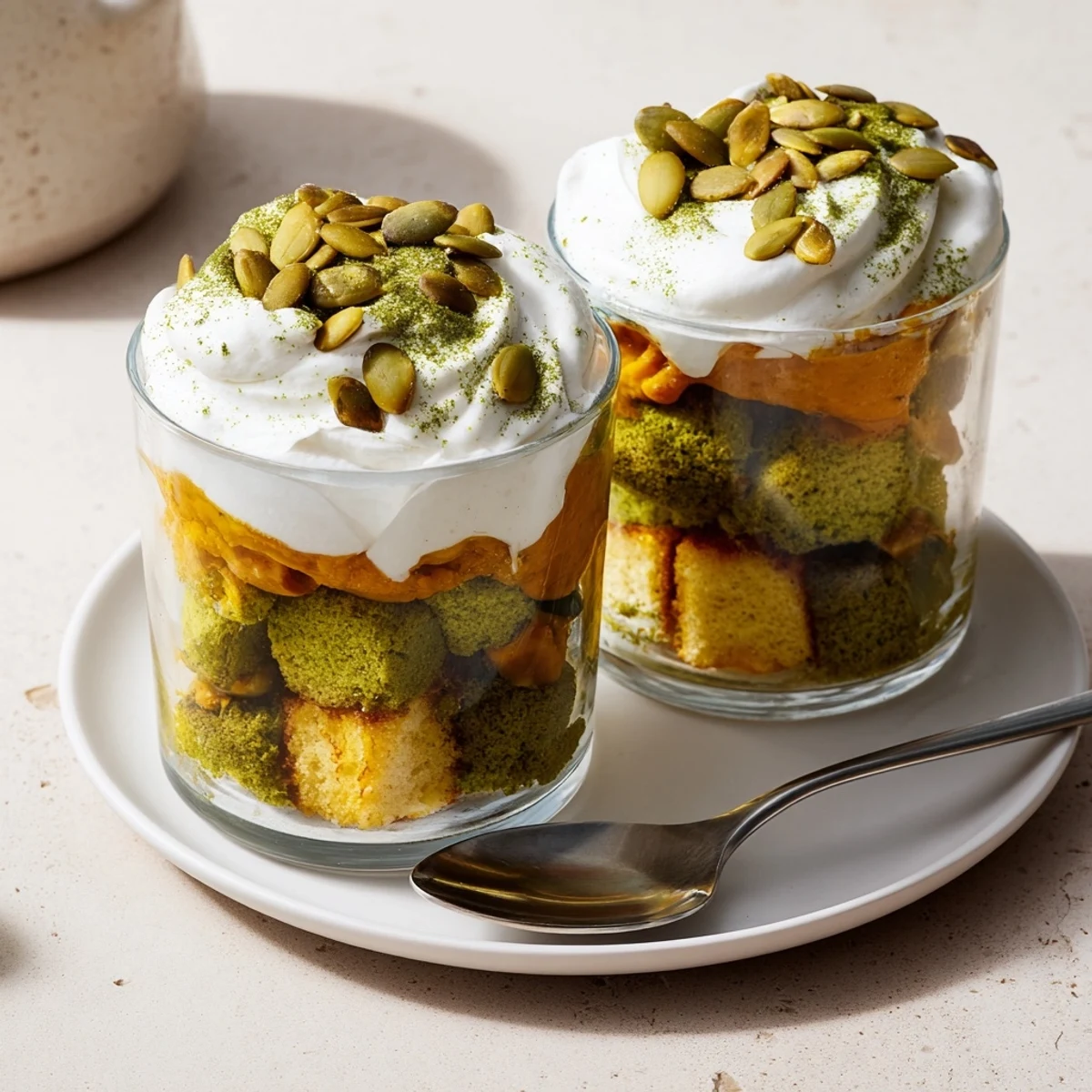 Layers of Matcha Pumpkin Muffin Trifles with pumpkin cream and whipped cream delightfully arranged.  