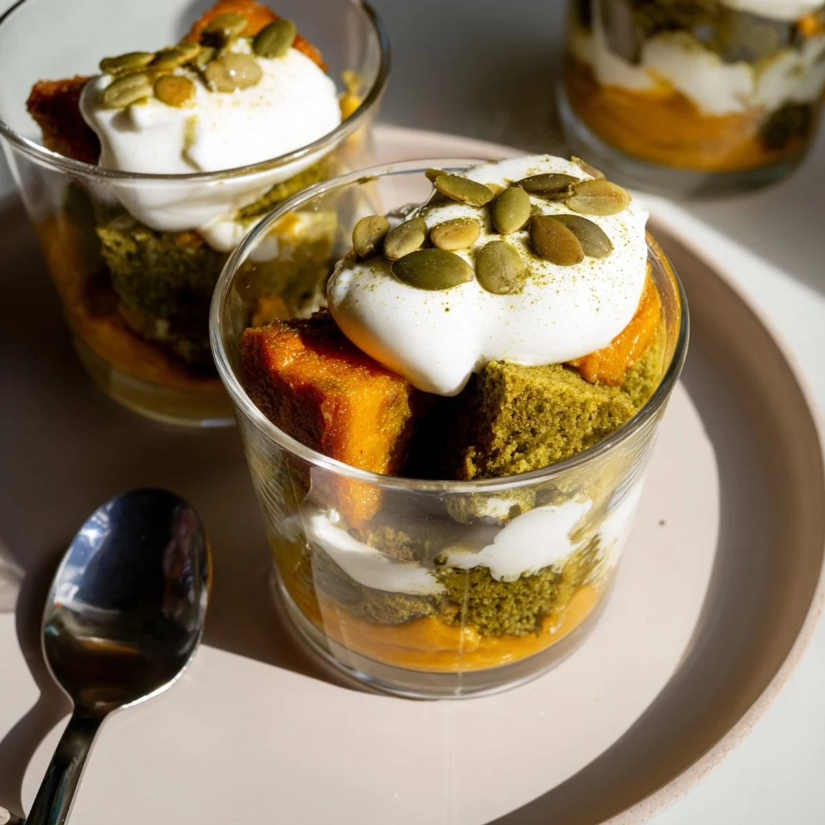 Delicious Matcha Pumpkin Muffin Trifles offering a fusion of flavors and autumn-inspired colors.