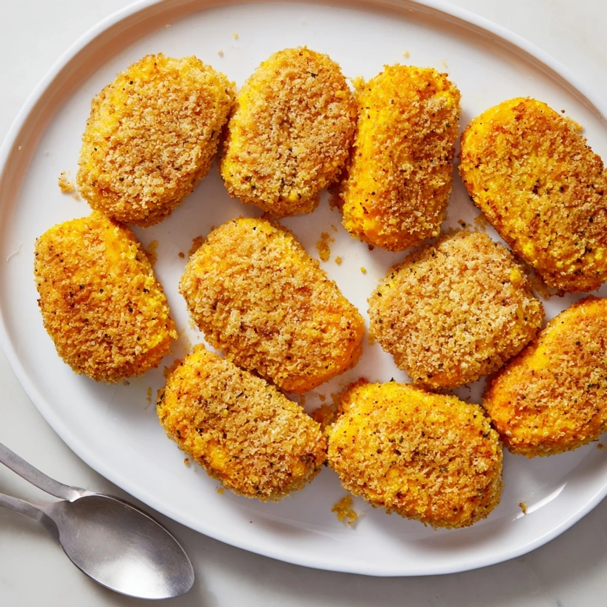 Golden crispy pumpkin nuggets, flavored with spices, ideal for holiday parties.  