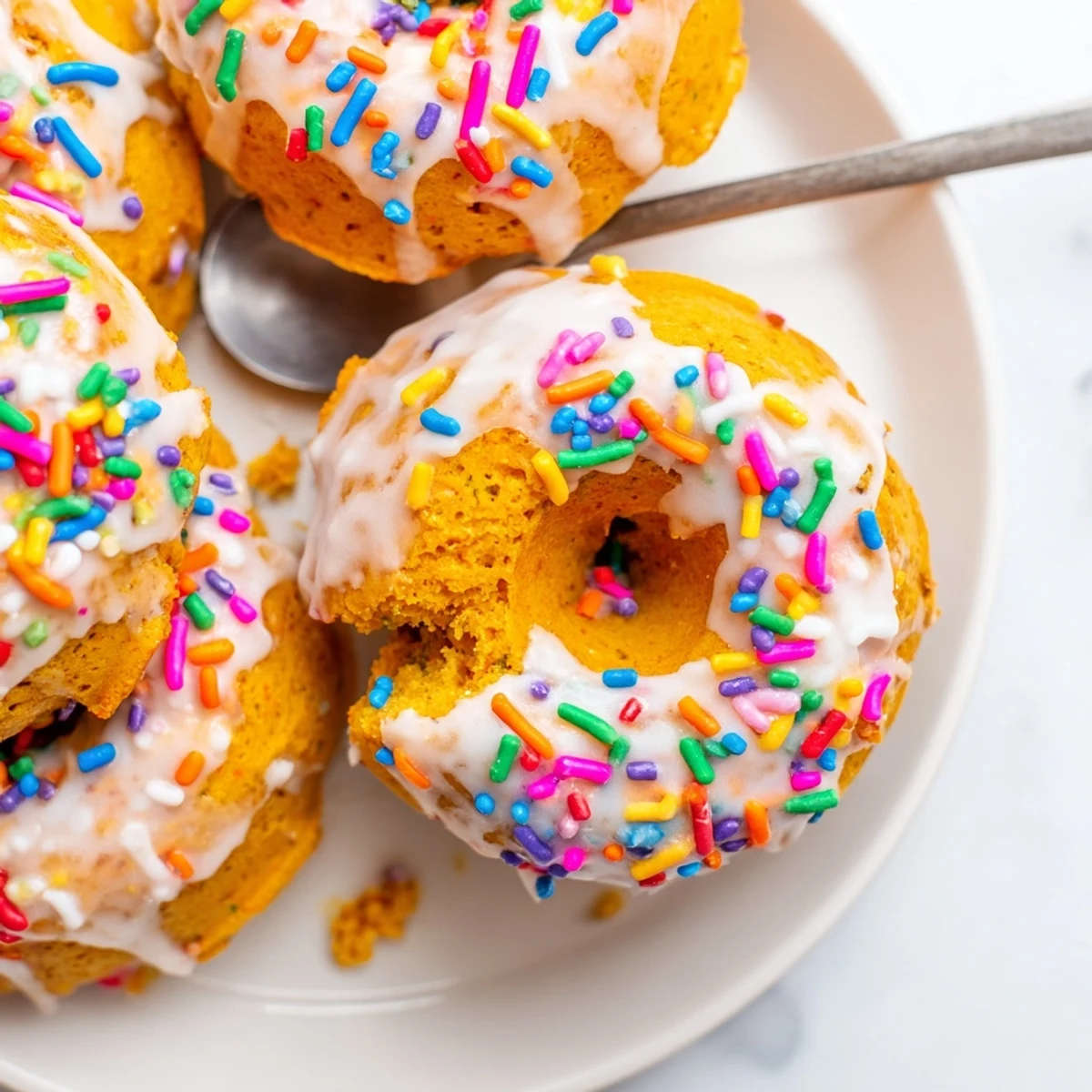 Soft Funfetti Pumpkin Muffin Donuts topped with sweet glaze and colorful sprinkles.  