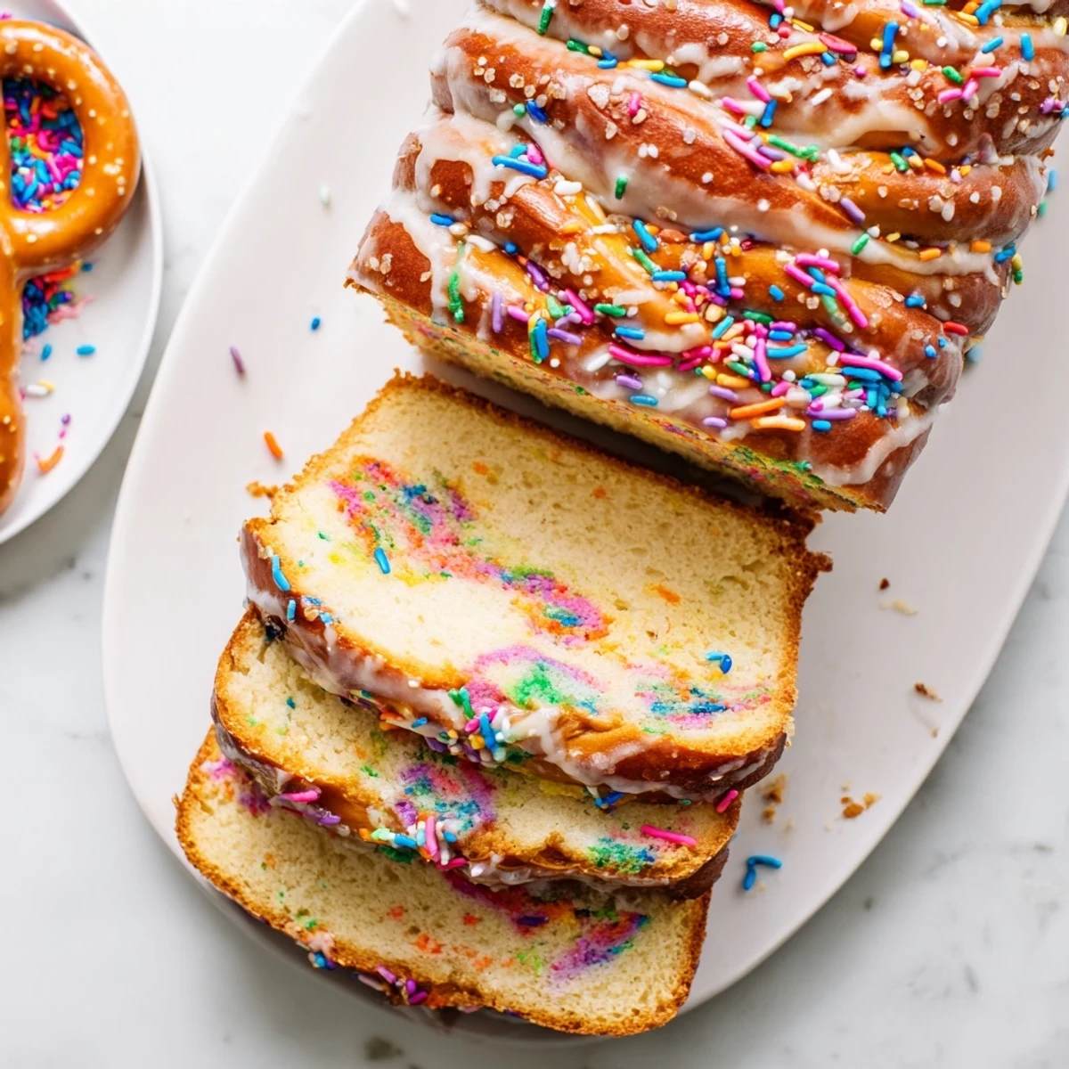 Whimsical Birthday Cake Pretzel Loaf garnished with colorful sprinkles and golden crust.  