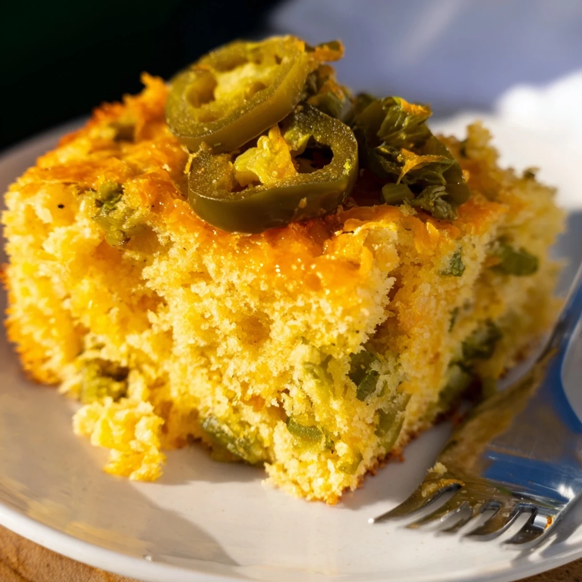 Moist and vibrant Southern Pickle Jalapeño Cornbread served warm with honey butter.  