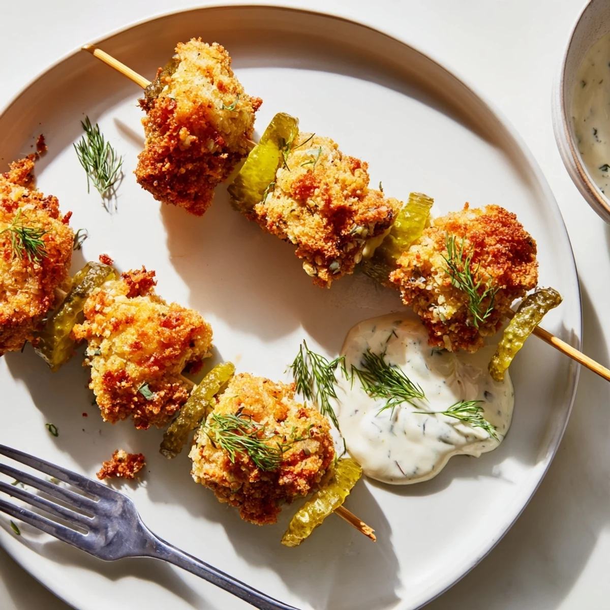 Crispy Pickle Popcorn Chicken Skewers served with tangy dipping sauce and fresh dill.  