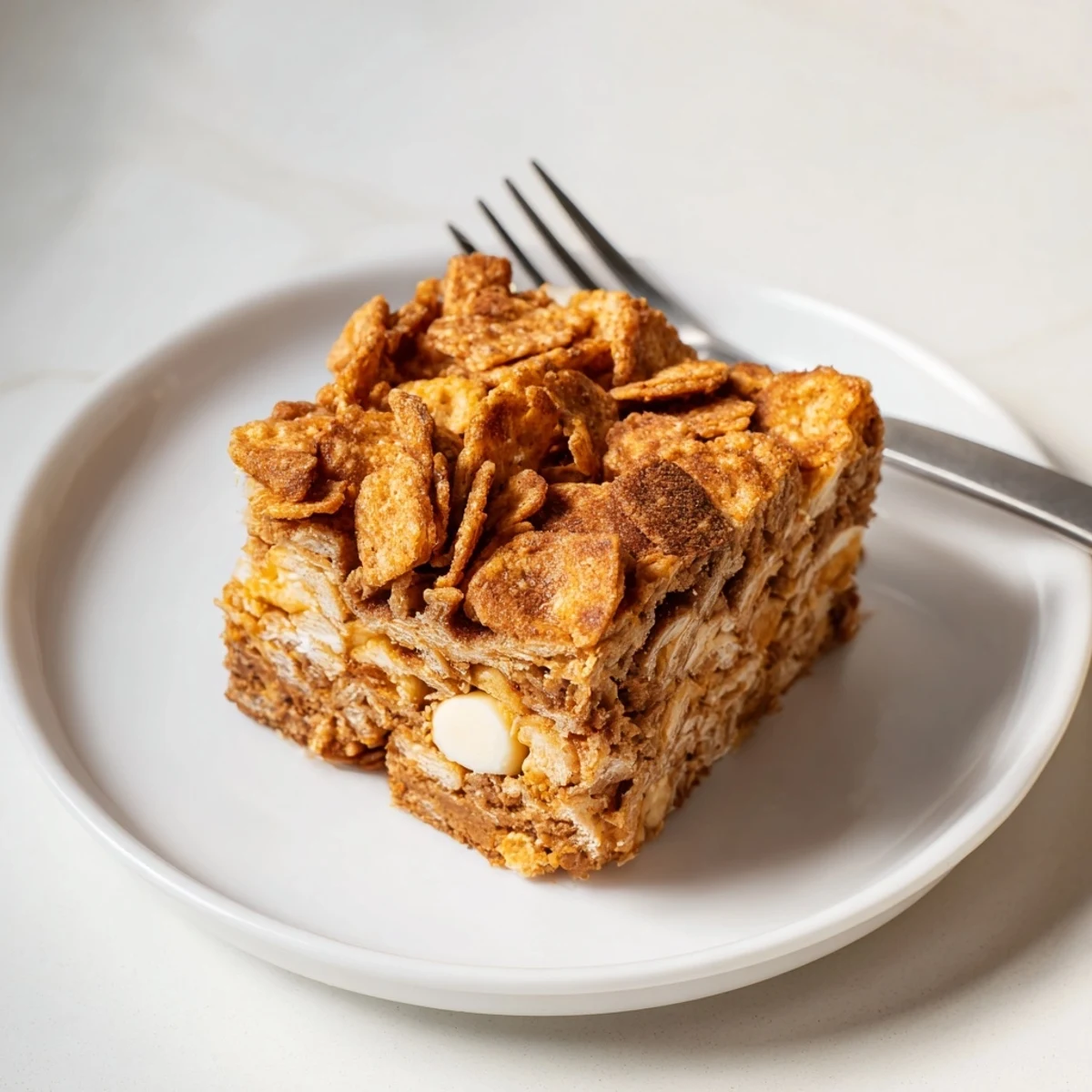 Warm blondies featuring swirls of cinnamon sugar and crunchy cereal for extra texture.