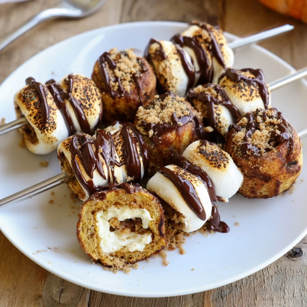 Delicious Smores Pumpkin Cheesecake Pancake Muffin Skewers drizzled with chocolate and graham crumbs.  