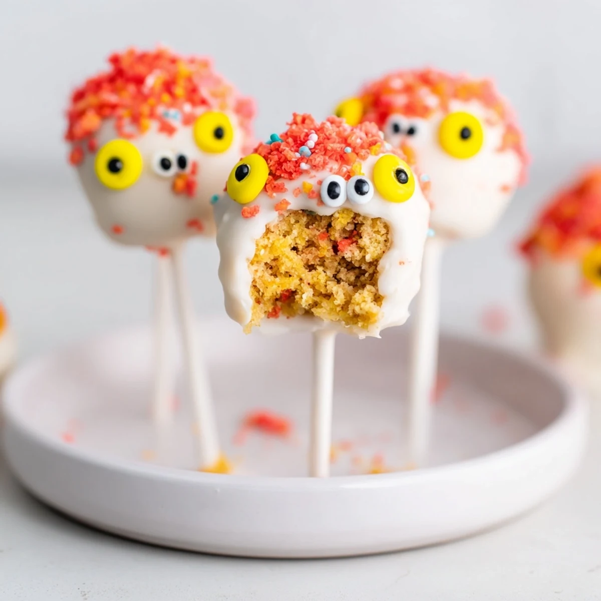 Flamin Hot Sweet Tea Monster Cake Pops decorated with colorful sprinkles and candy eyes.  