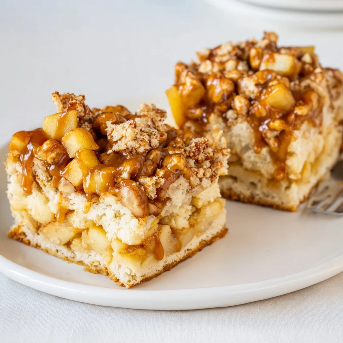 Layers of caramel apple flaky pretzel biscuit bars drizzled with warm caramel sauce.  