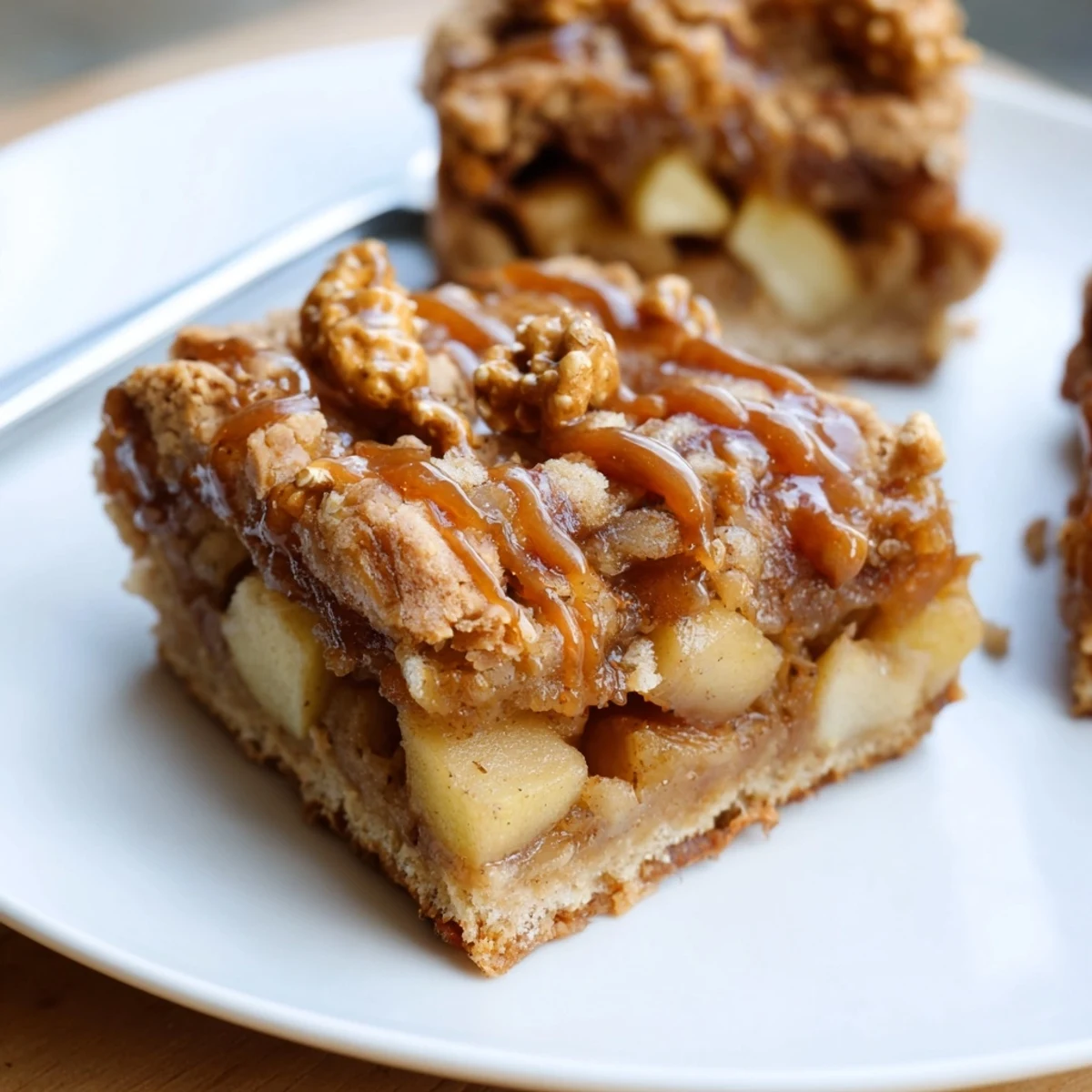 Golden biscuit base topped with tender apples and crunchy pretzel crumble delightfully.  