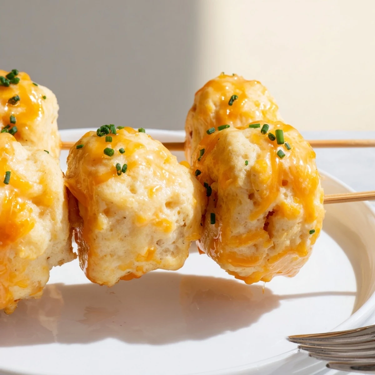 Fluffy Cream Soda Cheddar Sweet Tea Biscuit Skewers glisten with a sweet tea glaze.  