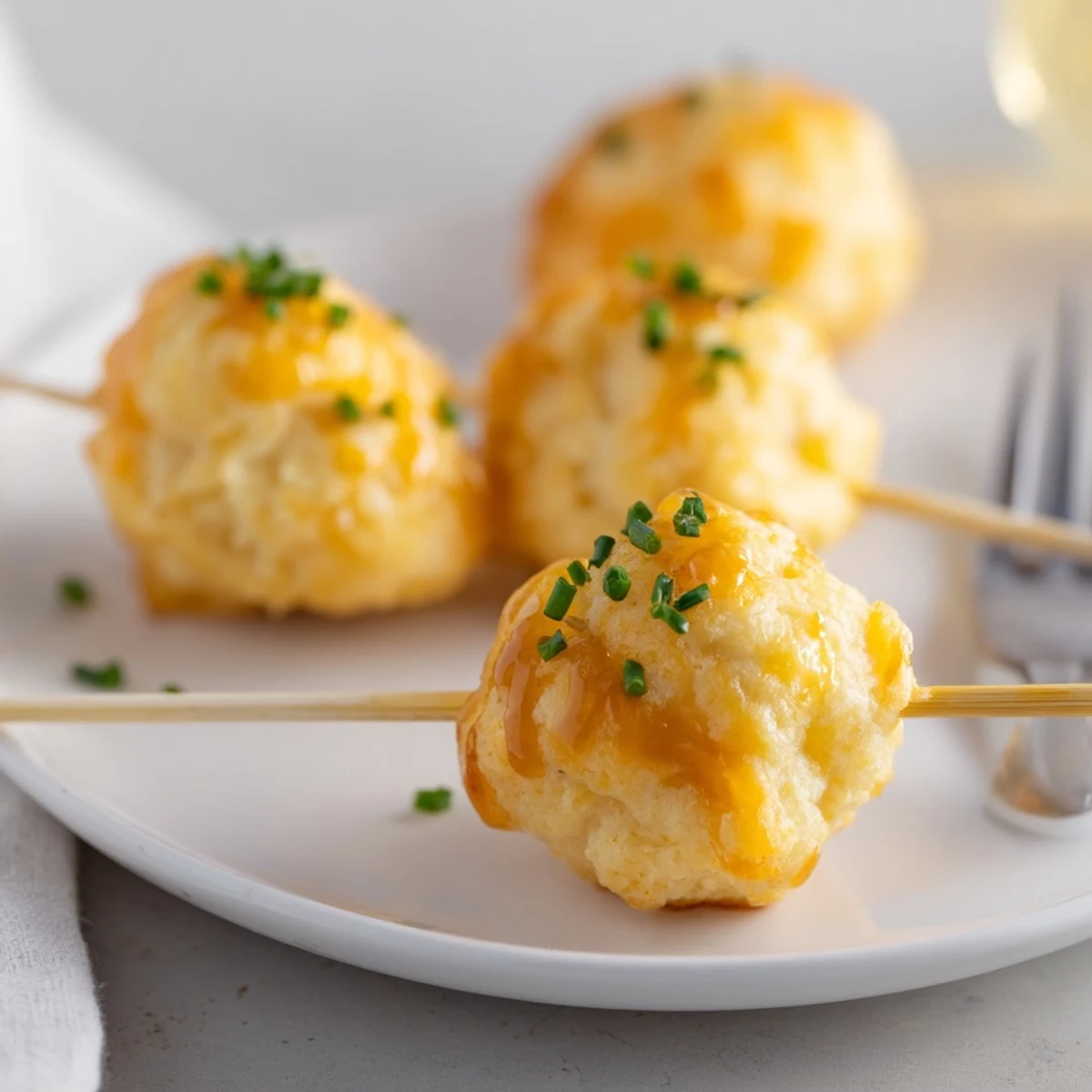 Deliciously warm Cream Soda Cheddar Sweet Tea Biscuit Skewers garnished with fresh chives.