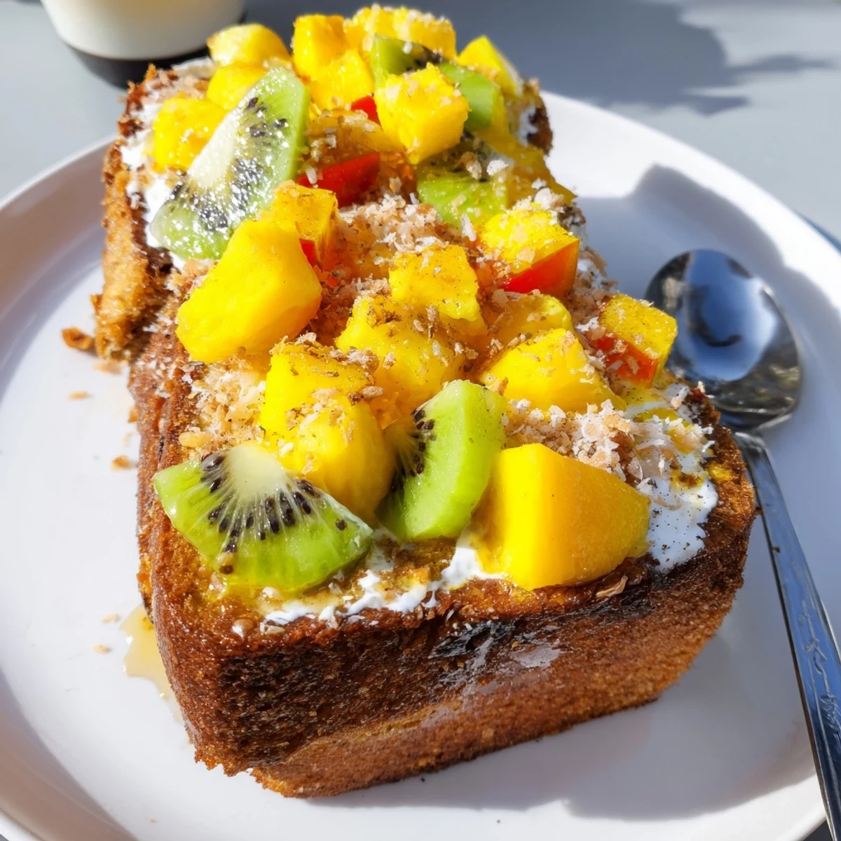 Creamy Yogurt-Custard Toast 2.0 topped with vibrant tropical fruits and coconut.  