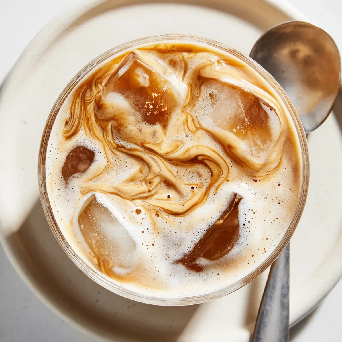 Creamy tahini iced coffee topped with plant-based milk and ice cubes.  
