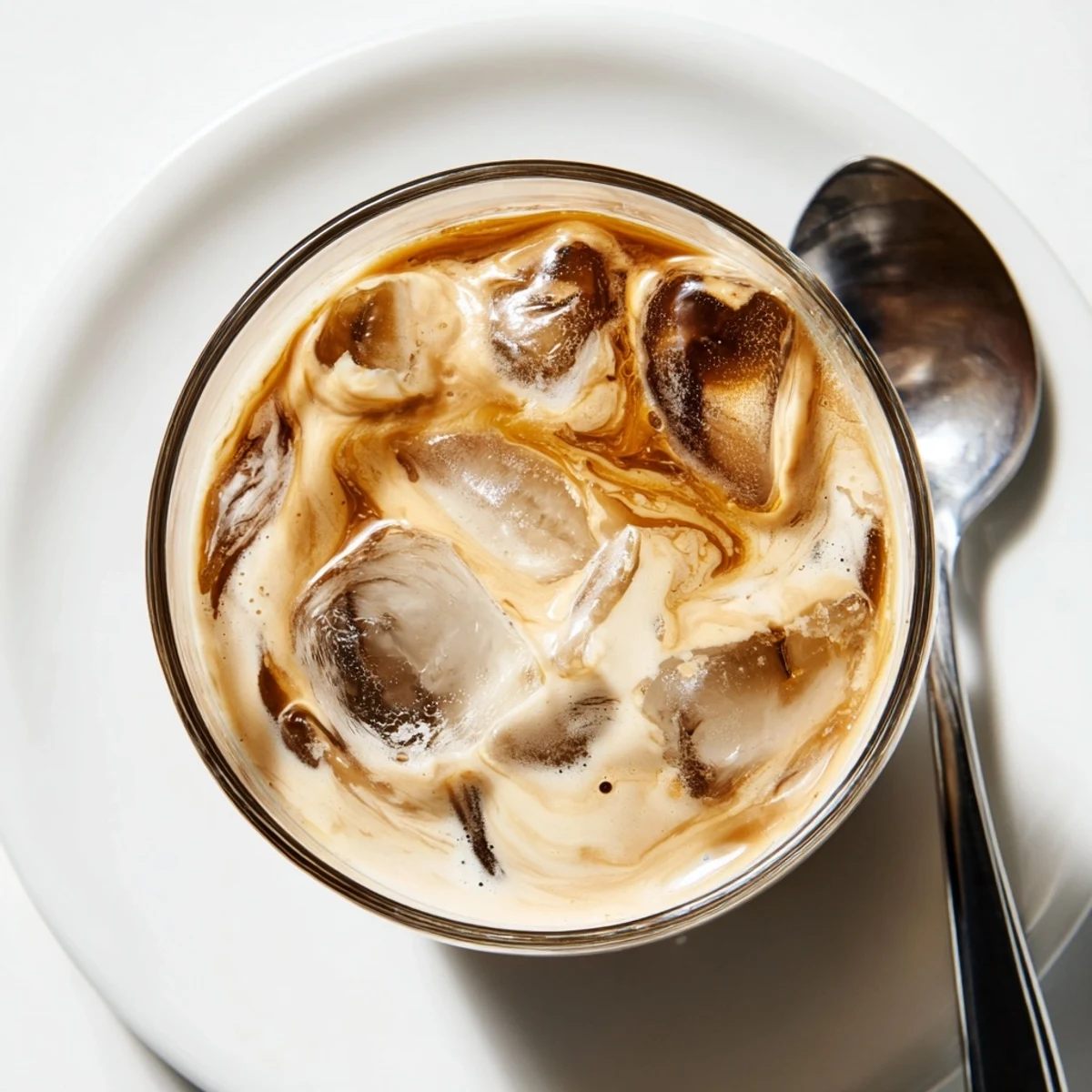 Nutty tahini iced coffee drink garnished with a drizzle of tahini.  