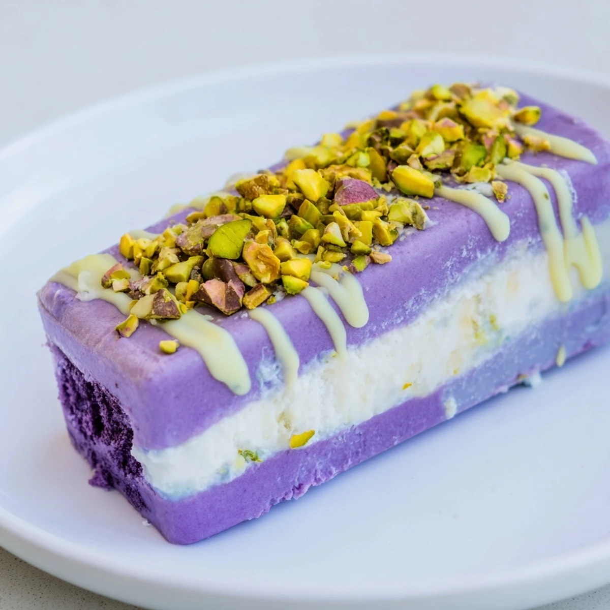 Creamy ube and pistachio ice cream bars served on a bright summer day.  