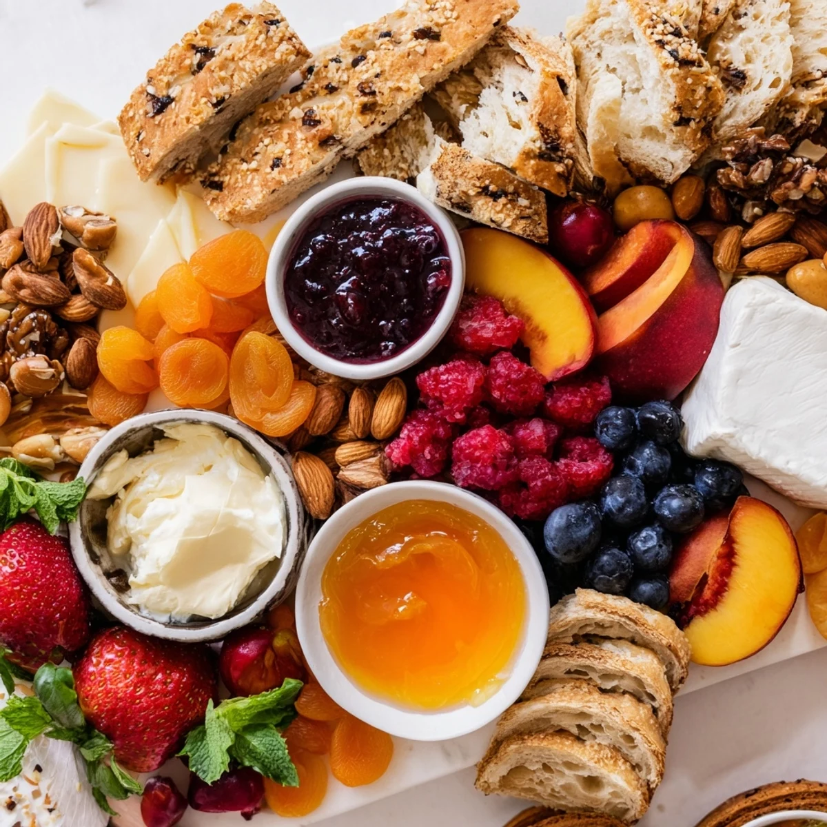 A colorful jam-infused brunch board showcasing fresh fruits, cheeses, and artisan breads.  