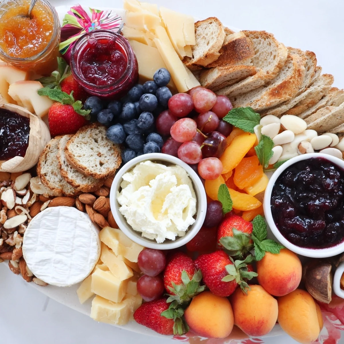 Delicious jam-infused brunch board featuring vibrant fruits, creamy cheeses, and crunchy crackers.