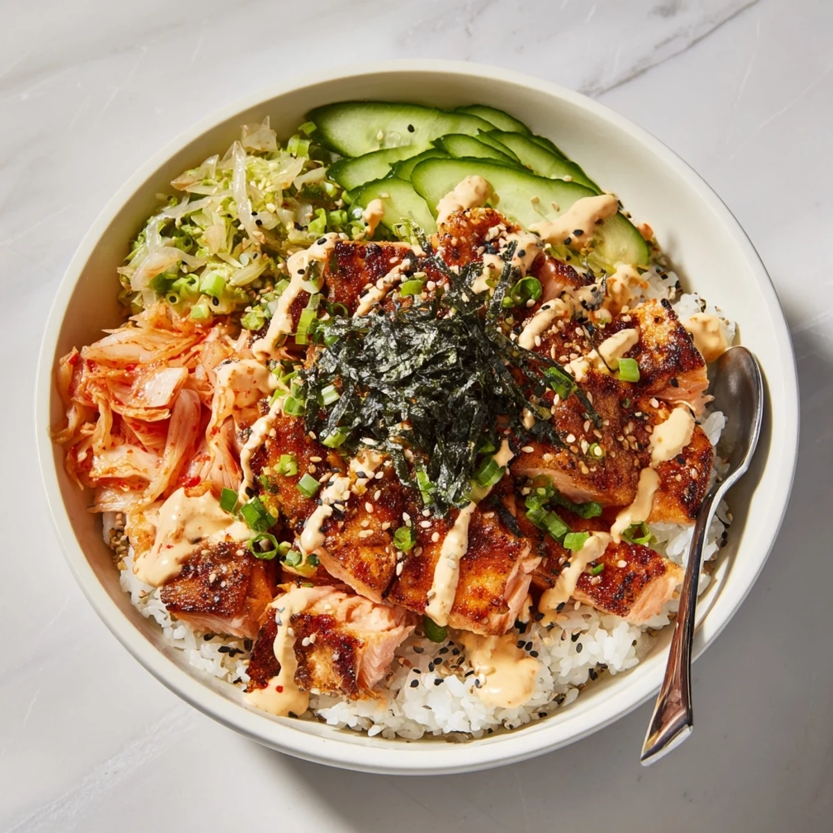 Flavorful crispy salmon atop fluffy rice, drizzled with spicy mayo and garnished.  