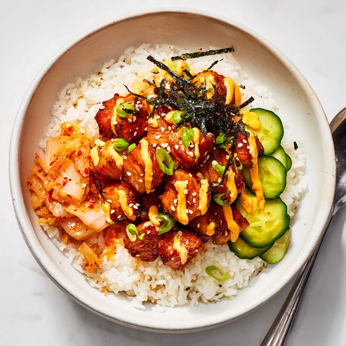 A delicious Crispy Salmon Rice Bowl served with tangy kimchi and garlic crunch.