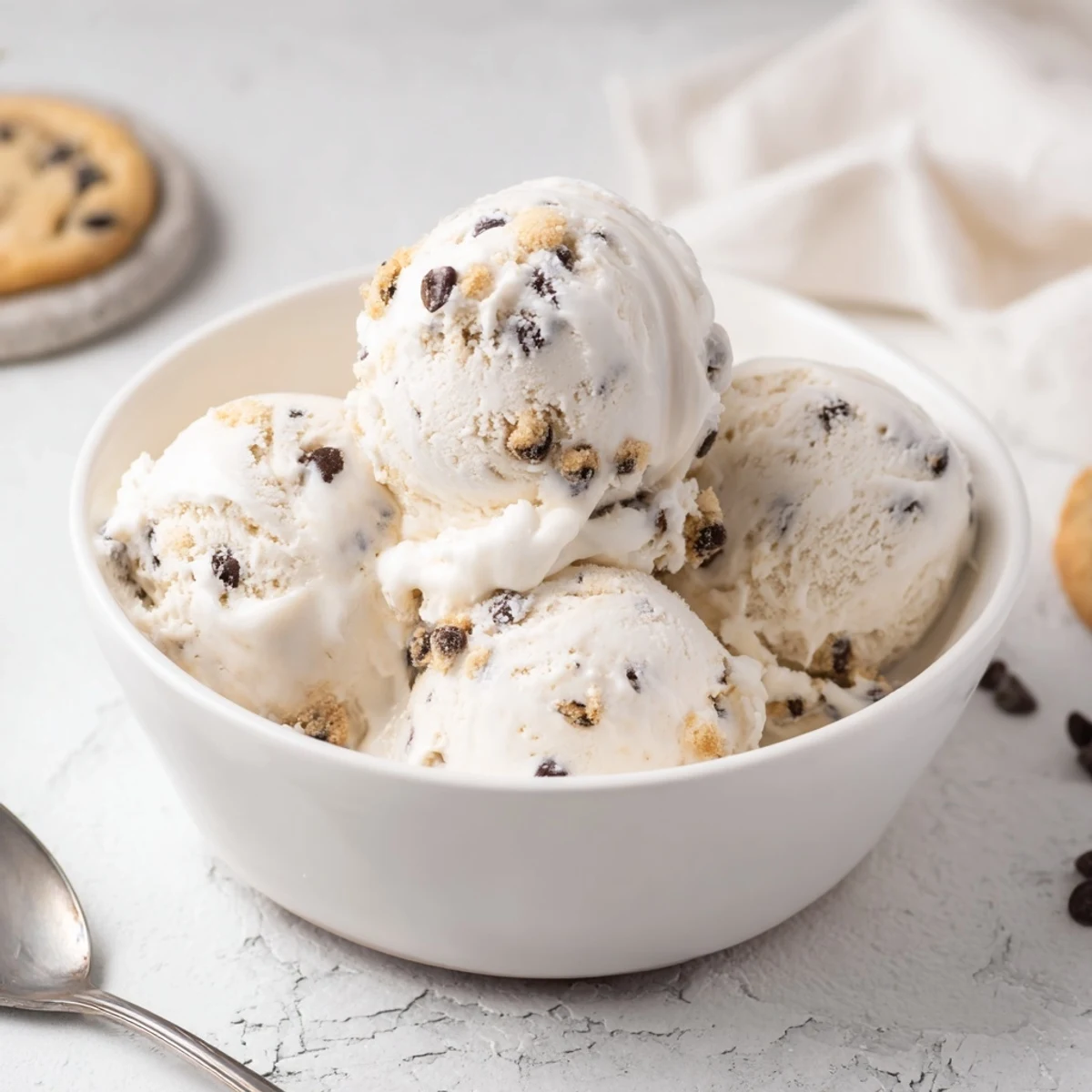 Guilt-free cottage cheese ice cream topped with delicious edible cookie dough chunks.