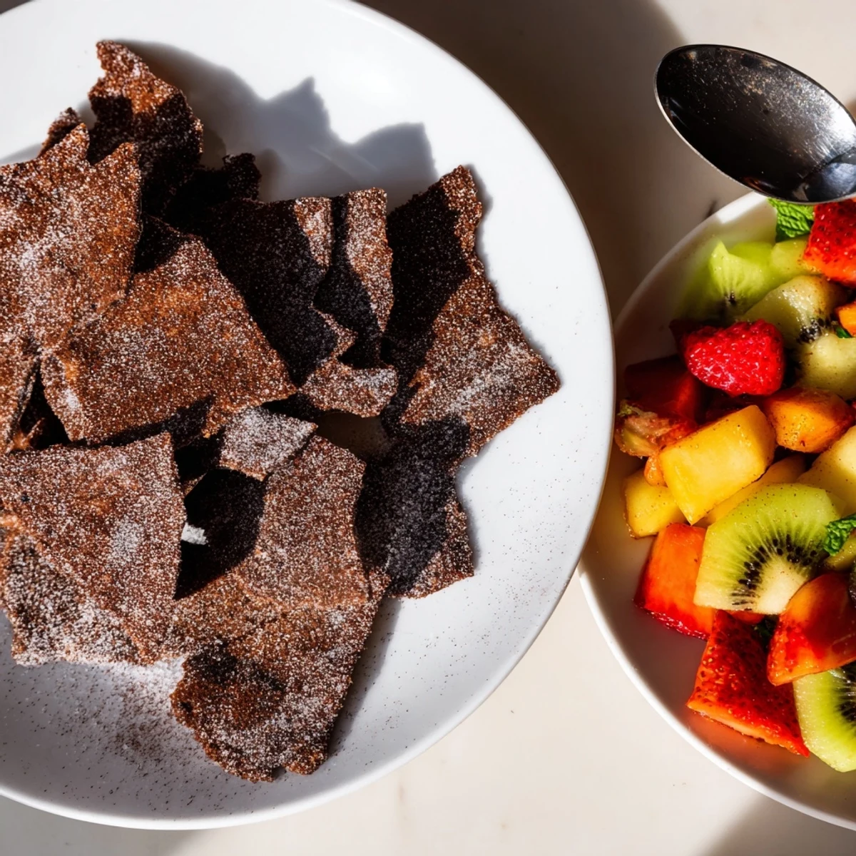 Crispy chocolate tortilla chips and fresh fruit salsa on a vibrant platter.  