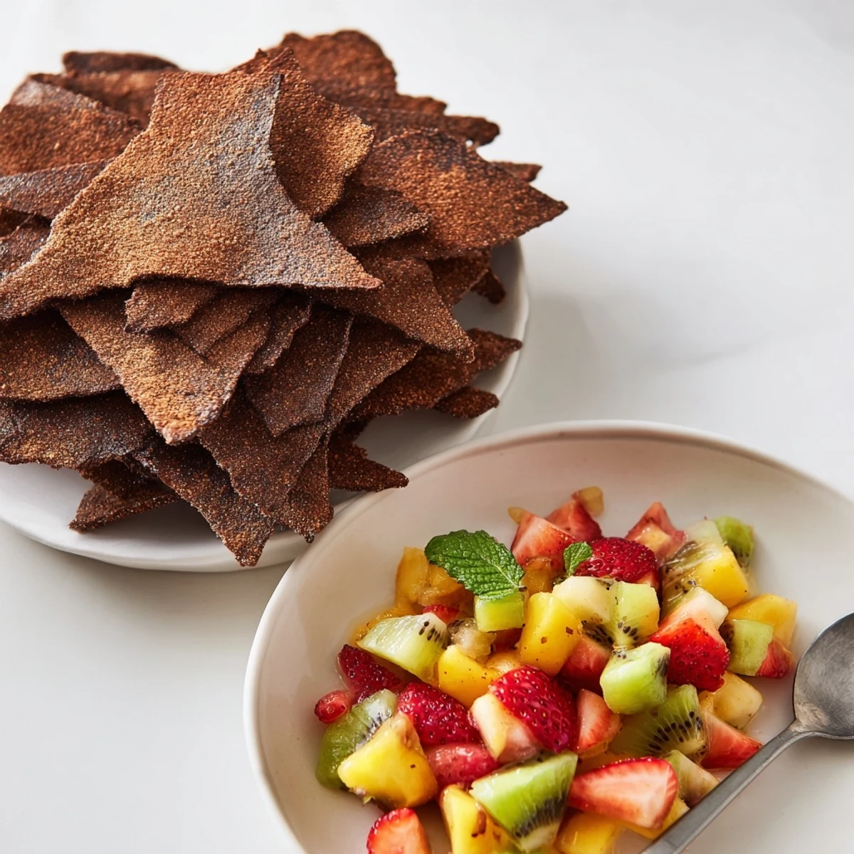 Delicious Dessert Chips & Salsa served with colorful fruit for a tasty treat.  