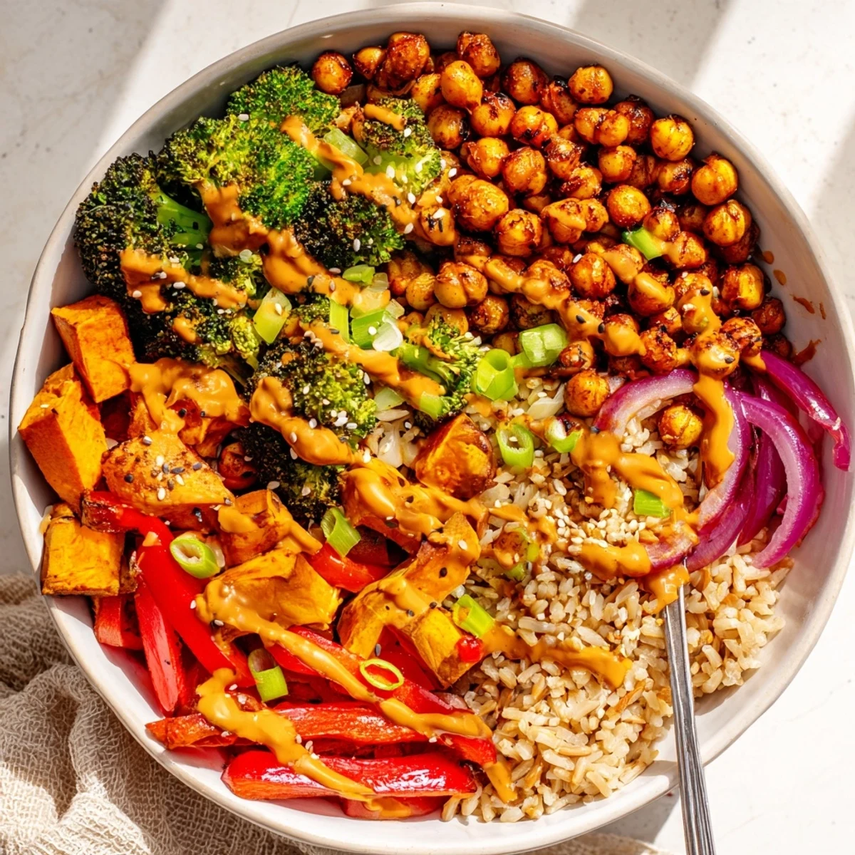Vibrant Bold Sauce Drizzle Bowls topped with roasted veggies and creamy miso sauce.  