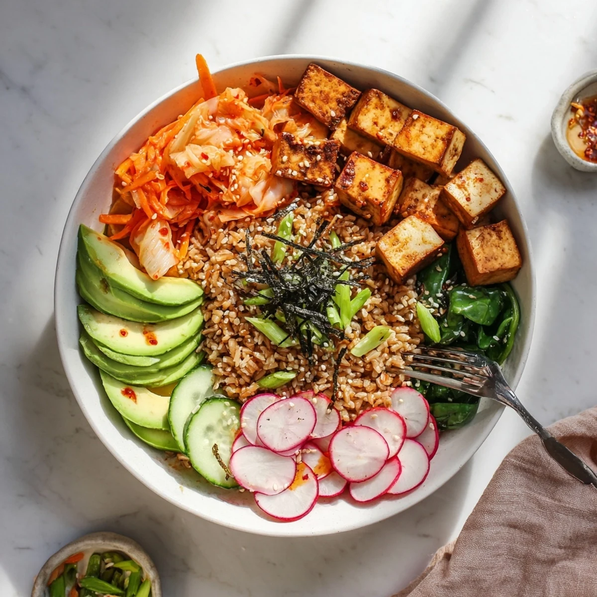 A vibrant fermented vegetable bowl with tangy kimchi, fresh greens, and hearty grains.  