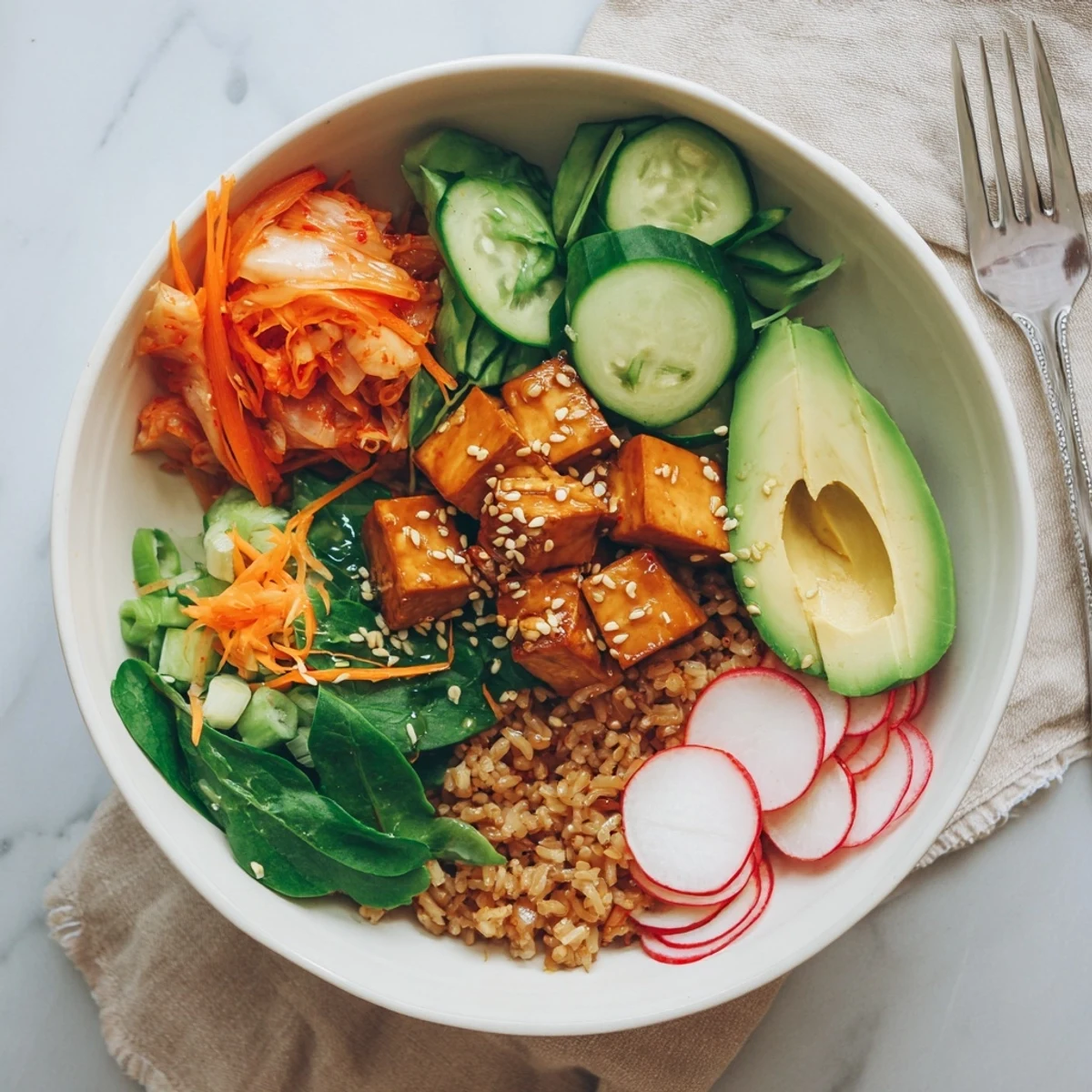 Colorful bowls filled with kimchi, fresh veggies, and rice, garnished with sesame seeds.  
