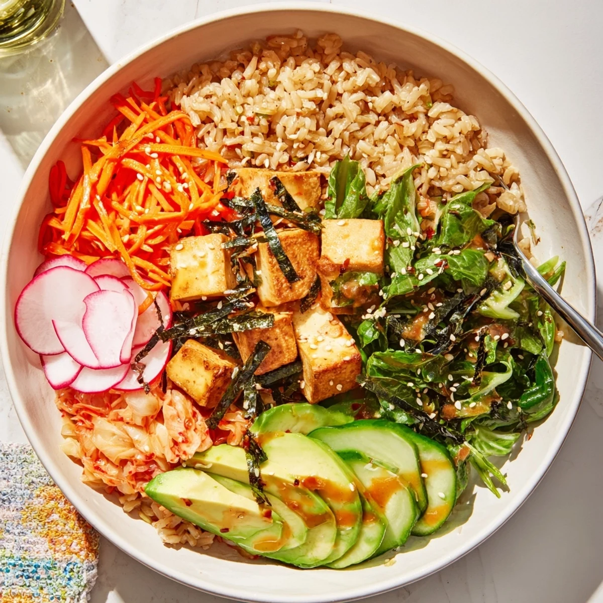 Delicious fermented vegetable bowl featuring kimchi, avocado, and a zesty dressing.