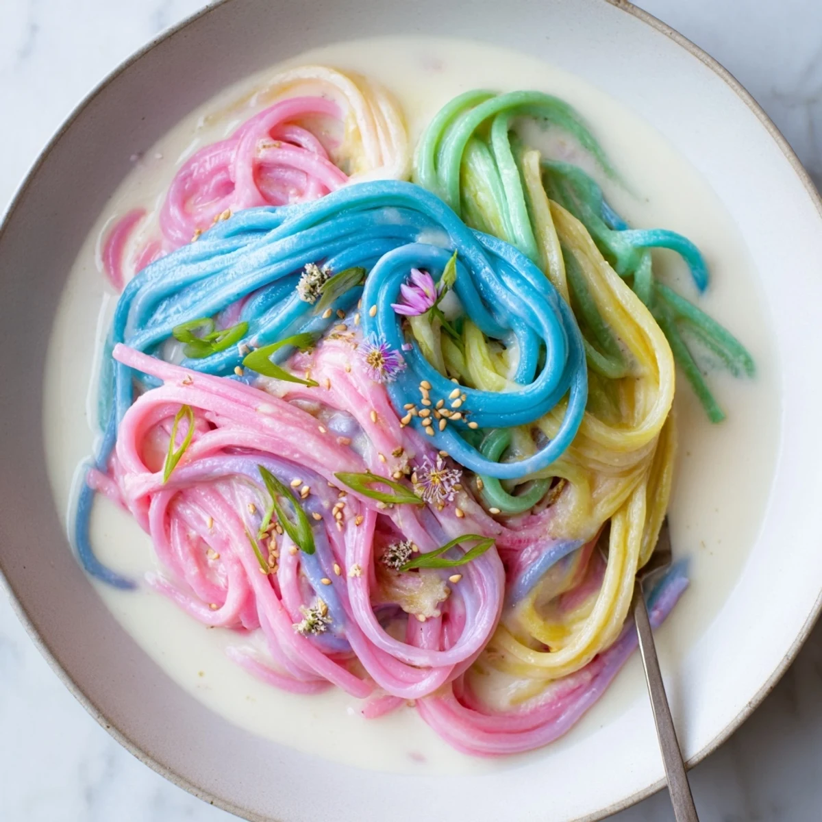 Vibrant Neon Noodle Cloud dish drizzled with creamy sauce and colorful toppings.  