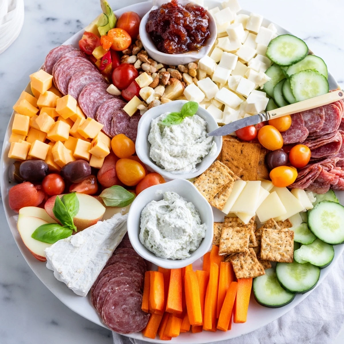 A vibrant Girl Dinner Platter showcasing enticing cheeses, fresh fruits, and crunchy snacks.  