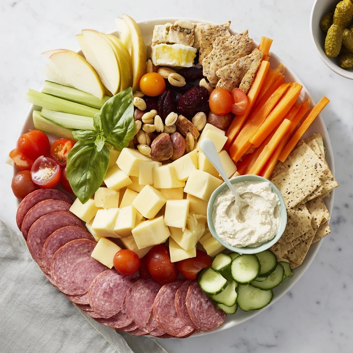 A playful Girl Dinner Platter filled with creamy cheeses and zesty dips for sharing.