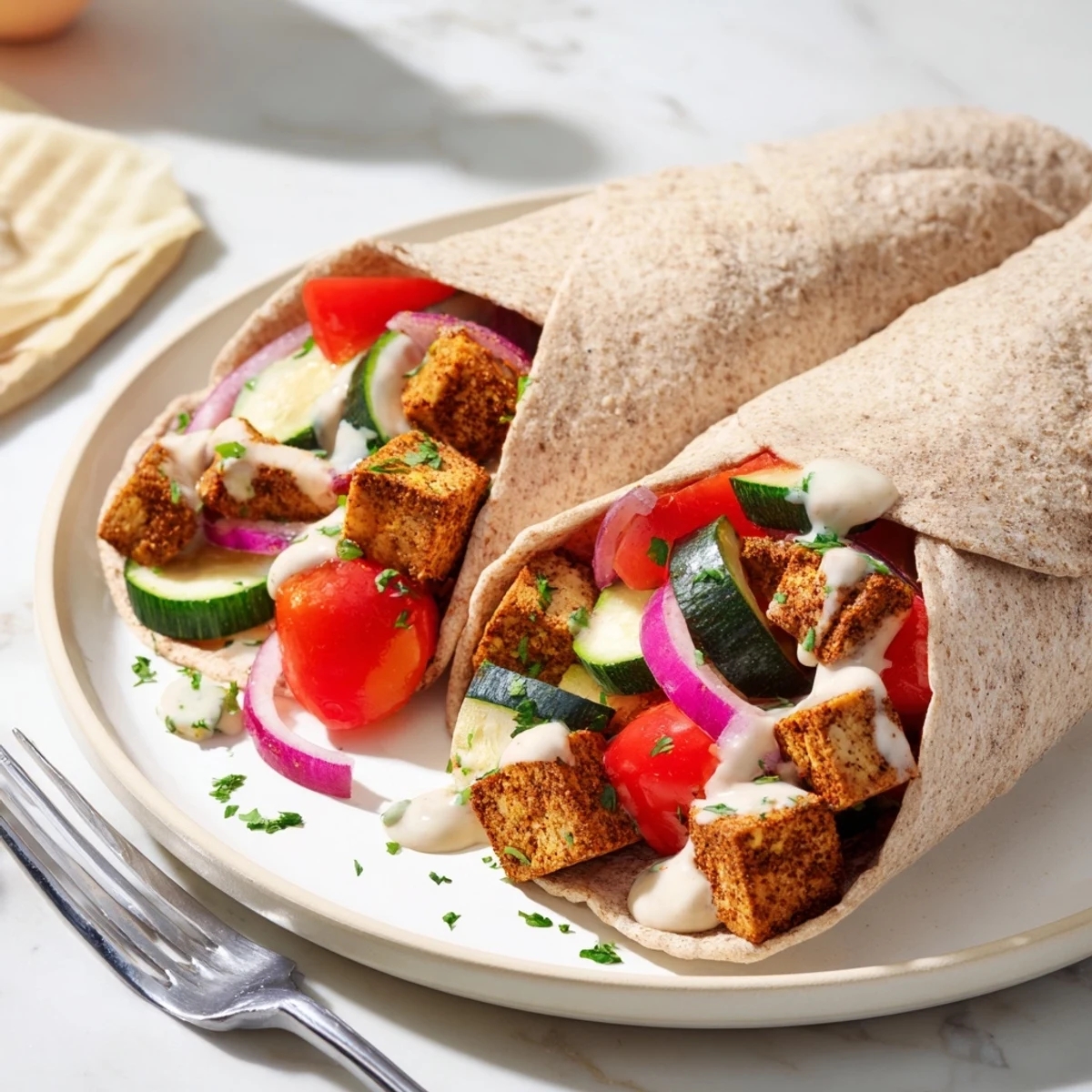Delicious Vegan Viral Recipe re-make served in whole wheat pita with zesty tahini drizzle.