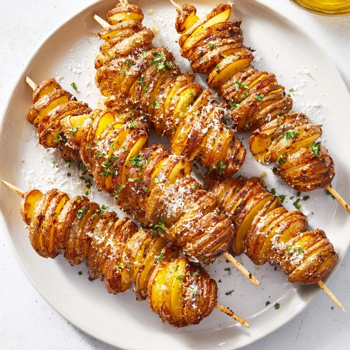 Crispy Air-Fryer Tornado Potatoes served on skewers, garnished with fresh parsley.  