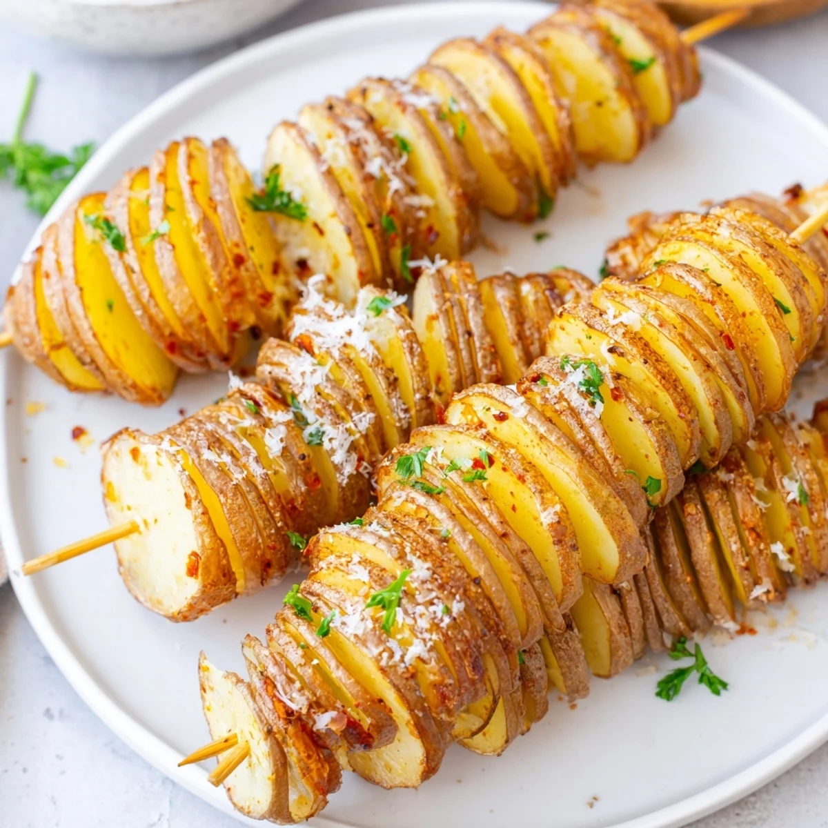 Golden brown Air-Fryer Tornado Potatoes spiral skewers, a fun snack for all ages.