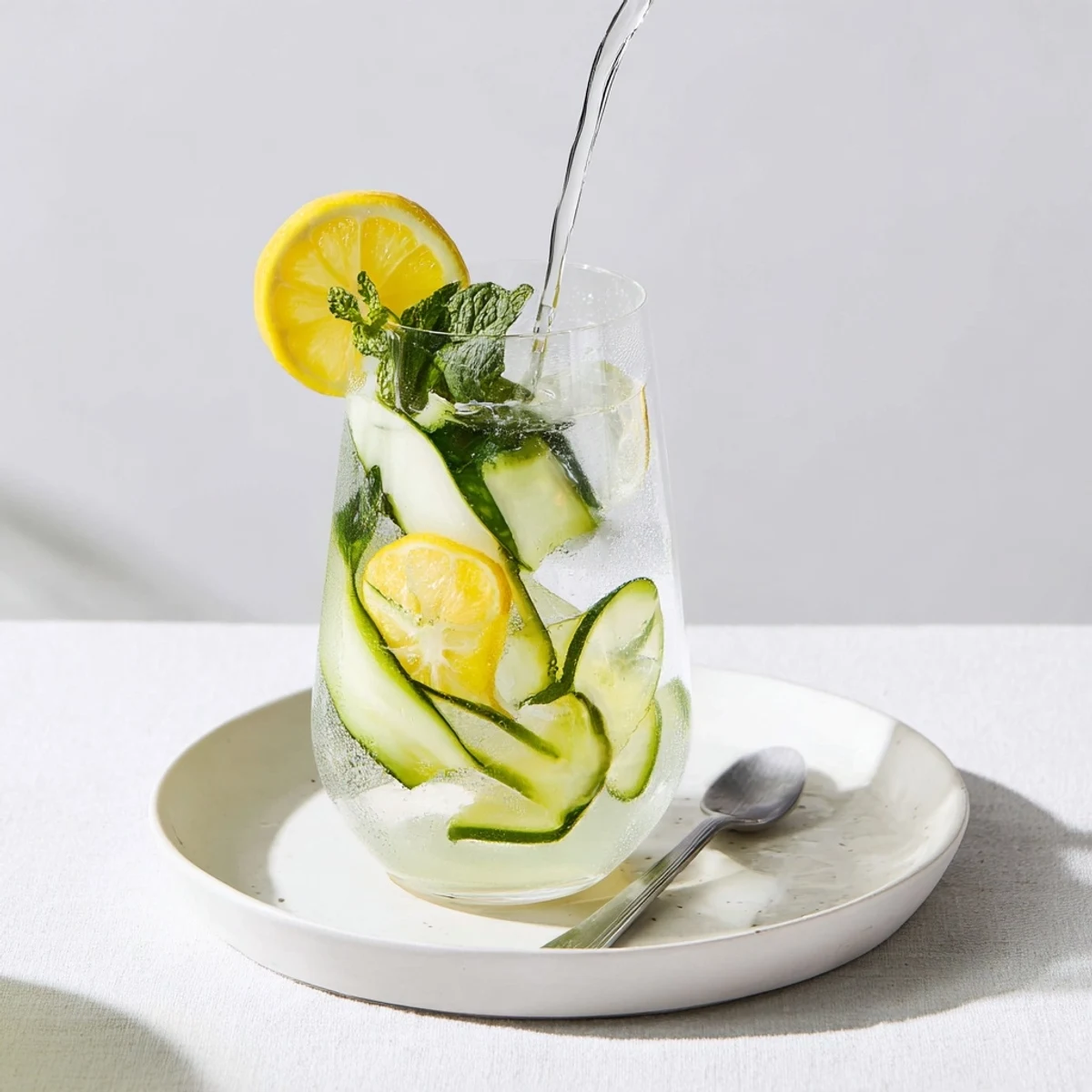 Ice-filled glasses showcase delicious water-based mocktails with strawberries and lime slices.  