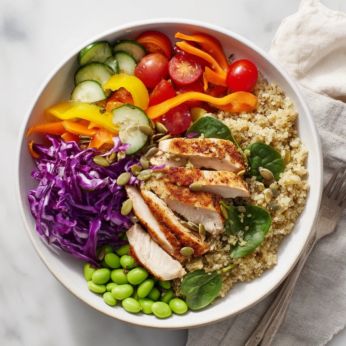 Nutritious healthy meal-prep bowls drizzled with zesty dressing and topped with seeds.