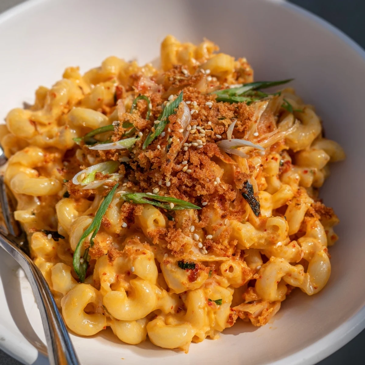 Indulge in Spicy Kimchi Mac & Cheese, a fusion dish with vibrant colors.  